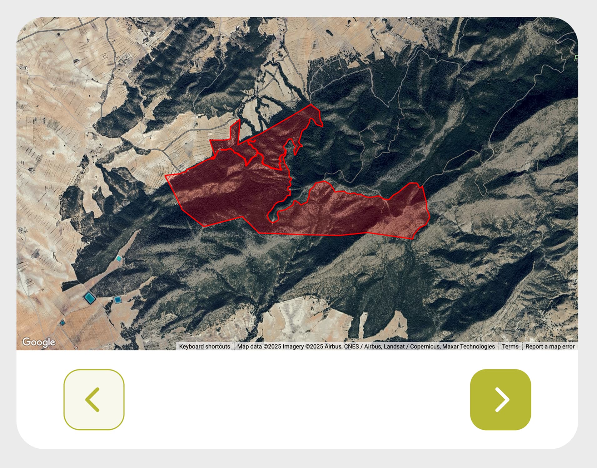 A screenshot showing a map on which a red area is highlighted, indicating a specific location or area of interest.