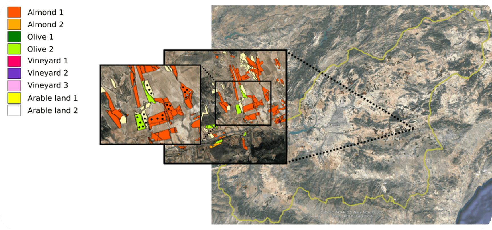 Un colorido mapa que muestra varios tipos de cultivos en la zona, con colores distintos que representan diferentes tipos de cultivo.