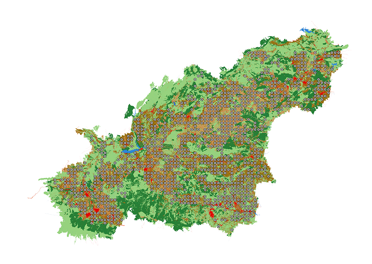 Un mapa que muestra varias áreas resaltadas en verde y rojo, indicando diferentes zonas y puntos de localizacion.